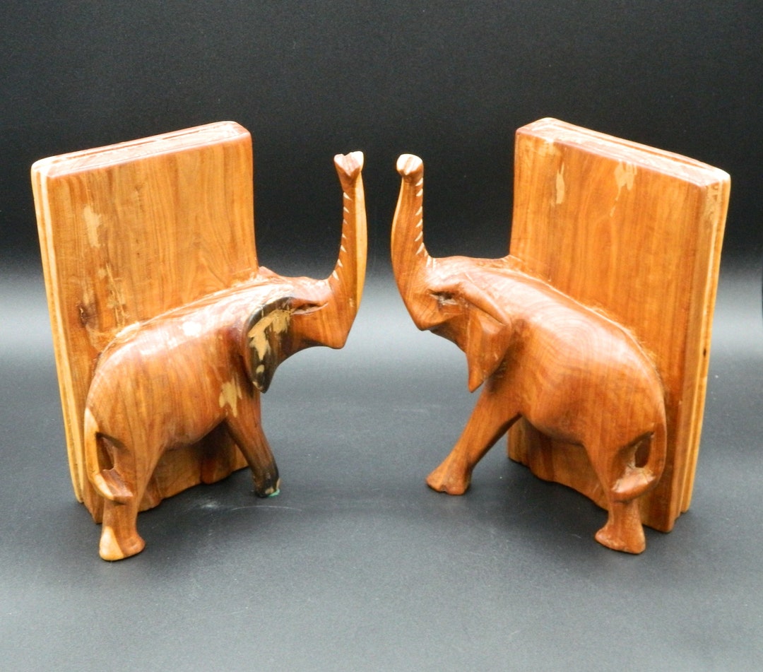 Elephant Bookends Handcarved Wood Etsy