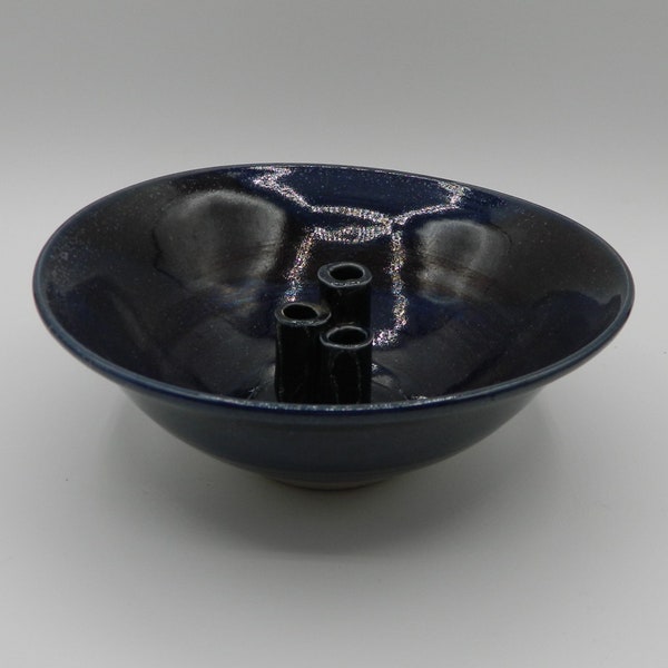 Ikebana Studio Pottery Vase/Bowl with 3 Flutes in Dark Blue