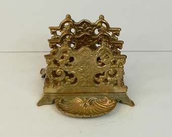 Vintage Ornate Brass Letter Mail Stationery Organizer with Shell Stamp Holder, early-mid 20th century