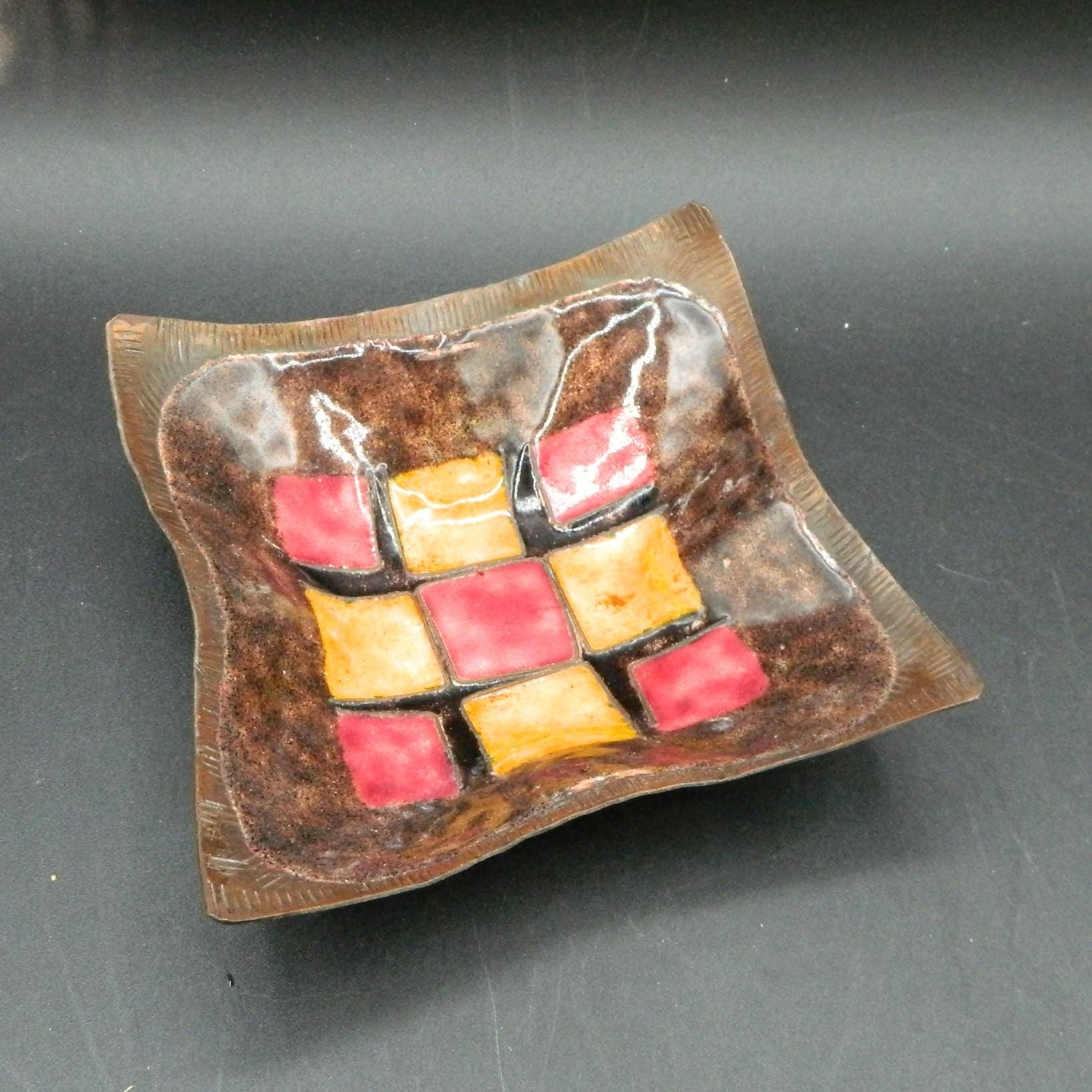 Enamel on Copper Red & Gold Check Pattern Trinket Dish 5.75