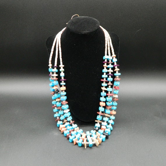 Necklace 3 Strand Square Cut Turquoise and Mixed … - image 1