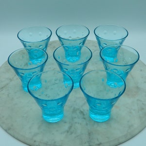 Hazel Atlas Dot Pattern Aqua Blue Whiskey Glasses, Set of 8