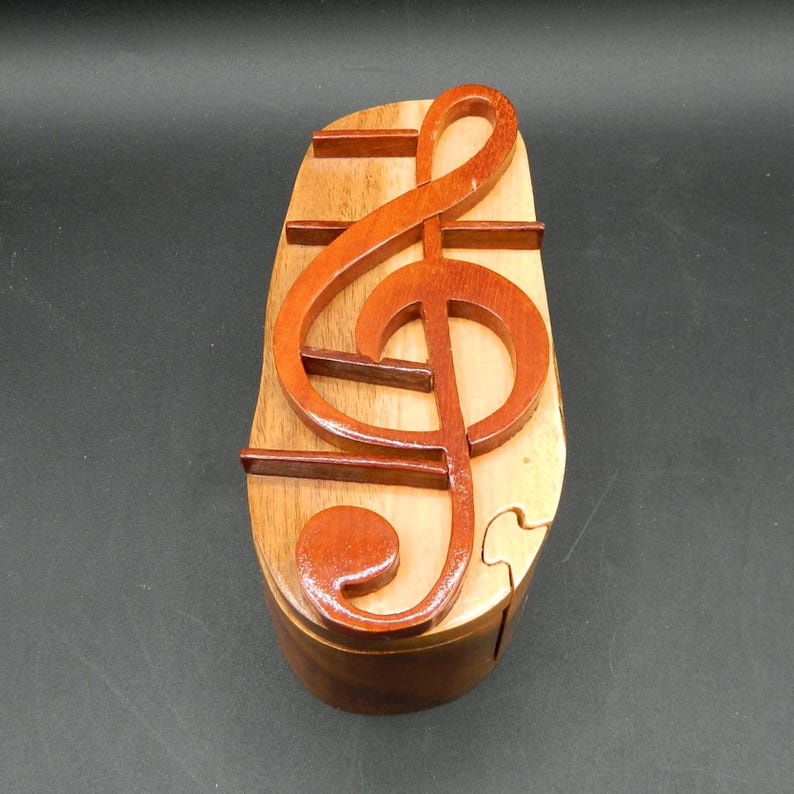 Music Notes Box Design Treble Clef Music Note Handcrafted Carved Wood Puzzle Jewelry Trinket ...