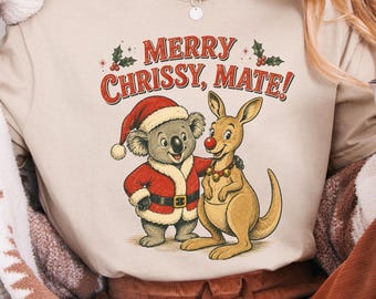 Australian Christmas Shirts, Family Matching Tshirts, Merry Chrissy Mate, Koala and Kangaroo Aussie Xmas Outfit