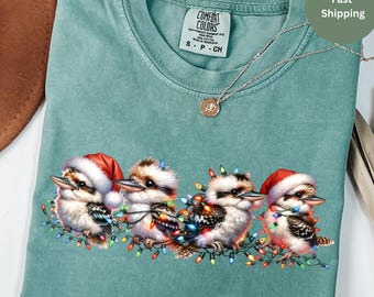 Camiseta de cucaburra, camiseta navideña, camiseta australiana, aves australianas, avifauna australiana, arte de cucaburra, colores acogedores
