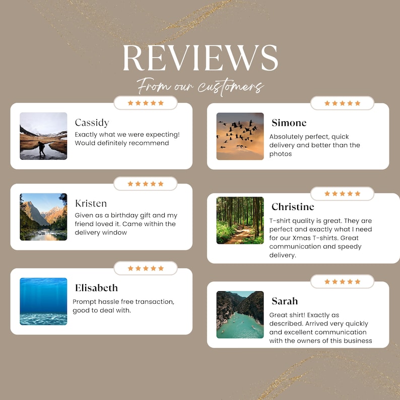 Puede incluir: Un gr&aacute;fico de rese&ntilde;as de clientes con el texto REVIEWS From our customers. Muestra seis tarjetas rectangulares blancas, cada una con una calificaci&oacute;n de cinco estrellas, un nombre de cliente, una peque&ntilde;a foto cuadrada y un testimonio escrito.