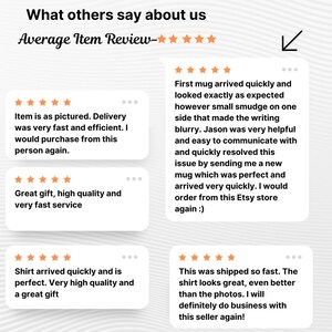 May include: Image of customer reviews with star ratings and text. The reviews mention fast shipping, high quality, and items matching the photos. One review mentions a mug with a smudge, and a replacement.