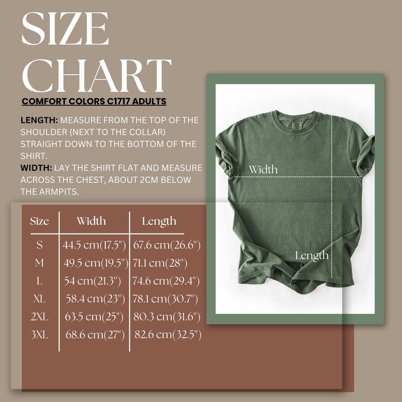 Puede incluir: Una tabla de tallas para camisetas de adulto Comfort Colors C1717, que muestra una camiseta verde con l&iacute;neas de medici&oacute;n de ancho y largo. Una tabla enumera las tallas de la S a la 3XL con las medidas correspondientes en cent&iacute;metros y pulgadas.
