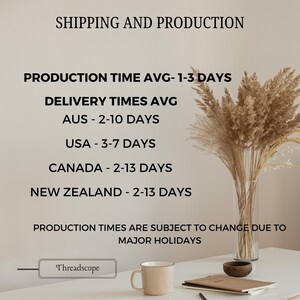 May include: Image with text about shipping and production times. Text includes "PRODUCTION TIME AVG 1-3 DAYS" and delivery times for AUS, USA, Canada, and New Zealand. A beige mug, notebook, and vase with dried plants are on a white surface.