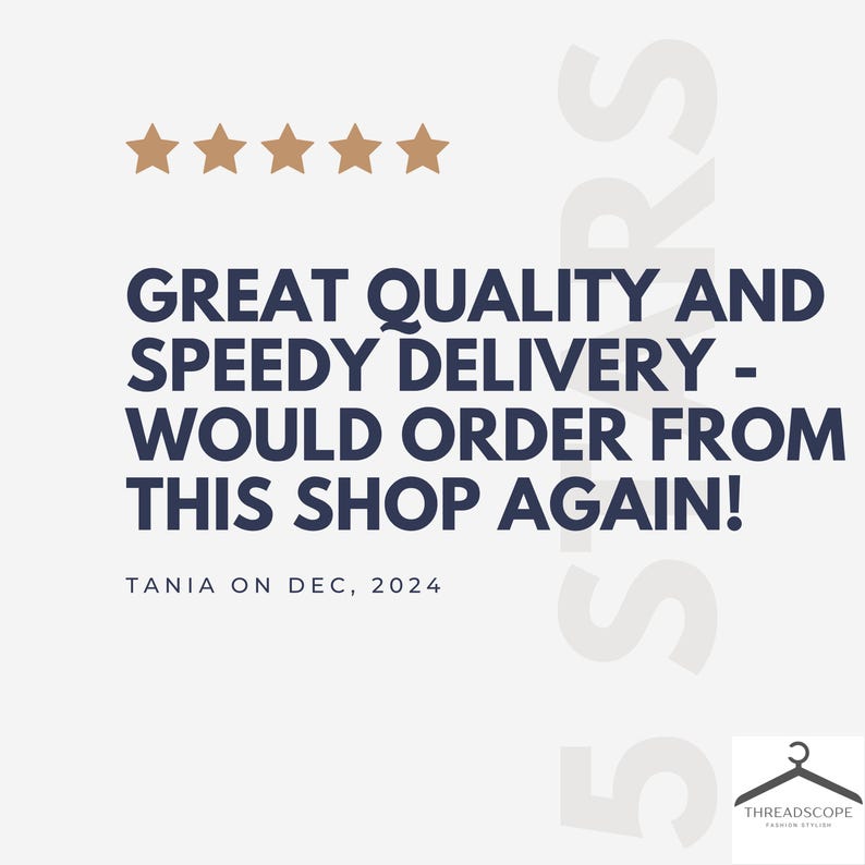 Puede incluir: Un gr&aacute;fico de rese&ntilde;a de cliente con cinco estrellas doradas y el texto: GREAT QUALITY AND SPEEDY DELIVERY - WOULD ORDER FROM THIS SHOP AGAIN! TANIA ON DEC, 2024. La esquina inferior derecha muestra un logo con un icono de percha y THREADSCOPE.