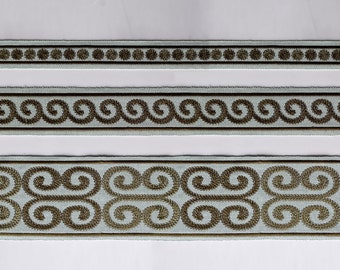 Band embroidered in green, trim, geometric pattern trim embroidered cotton trim.