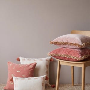 Puede incluir: Una colección de cojines decorativos en tonos rosa y crema. Algunos cojines presentan bordados de libélulas, mientras que otros tienen un borde con flecos. Los cojines están colocados sobre una silla de madera y en el suelo.