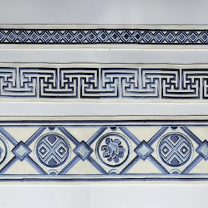 Blue embroidery trim, geometric pattern trim, curtain trim, decorative bands.