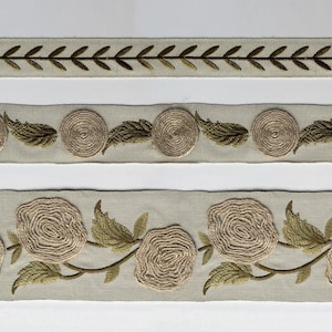 Green embroidered cotton trim, floral trim, curtain trim, roman trim, decorative bands.