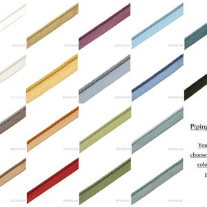 May include: A selection of colorful piping samples in various shades, including white, gold, burgundy, and blue. The image displays a range of fabric trim options, showcasing different textures and colors for upholstery or design projects. Text: Piping selection.