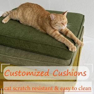 May include: A stack of customized cushions in shades of green and yellow, with a relaxed orange tabby cat stretched out on top. The cushions are cat scratch resistant and easy to clean. Text on the image reads "Customized Cushions".