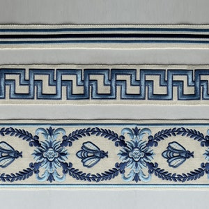 Blue embroidery trim, curtain trim, decorative fabric band, bee trim.