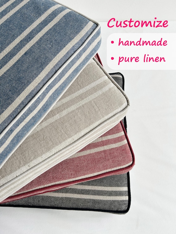 Striped Linen Bench Cushion，Removable Cover Linen Floor Cushion，Cushion for Living Room & Hallway