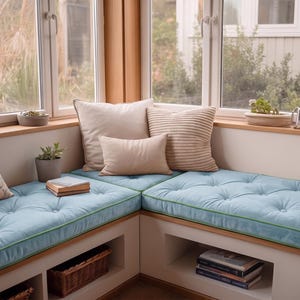 Op de afbeelding: Een lichtblauw gecapitonneerd bankkussen met groene bies, geplaatst op een witte hoekvensterbank. Het kussen is voorzien van diverse beige sierkussens, een kleine vetplant, een stapel boeken en een gevlochten mand eronder.