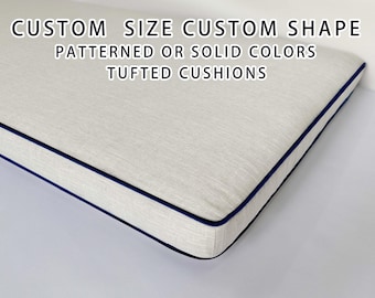 Forma y tamaño personalizados, cojín con ribete azul, cojín de lino para ventana, cojín para banco de ventana de interior, cojín para rincón.