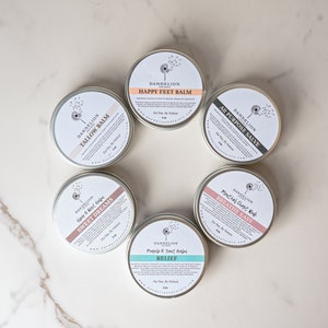 Op de afbeelding: Cirkelvormige metalen blikken met Dandelion Naturals-balsems, gerangschikt in een cirkel. De etiketten tonen productnamen zoals "Happy Feet Balm" en "Sweet Dreams". De blikken zijn zilverkleurig met witte en pastelkleurige etiketten.