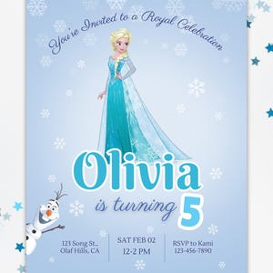 Invito di compleanno a tema Frozen, invito per la festa a tema Principessa Elsa, Anna e Olaf, invito di compleanno per bambine modificabile, volantino di compleanno Frozen personalizzabile, modello digitale