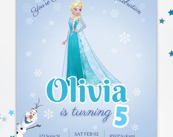 May include: A blue and white birthday invitation featuring a cartoon image of Elsa from the movie Frozen. The invitation says "You're Invited to a Royal Celebration Olivia is turning 5" with details for the event including the date, time, address, and RSVP information.