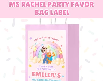 May include: Pink party favor bag label with a rainbow, stars, and a cartoon image of a girl and a puppet. The text reads "You're a great friend! Thank you for coming to Emilia's 3rd Birthday Party!"