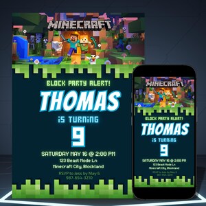 Convite de aniversário editável do Minecraft, aniversário do Minecrafter, convite para jogador, convite para aniversário de garoto jogador, download instantâneo, modelo Canva DIY