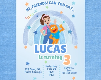 Puede incluir: Una invitación de cumpleaños con un arcoíris de acuarela, estrellas y una niña y un títere de dibujos animados. El texto dice "HI, FRIENDS! CAN YOU SAY... LUCAS is turning 3. Saturday Feb 22 12-2 PM 123 Song St., Palm Springs RSVP to Jess 123-456-7890"