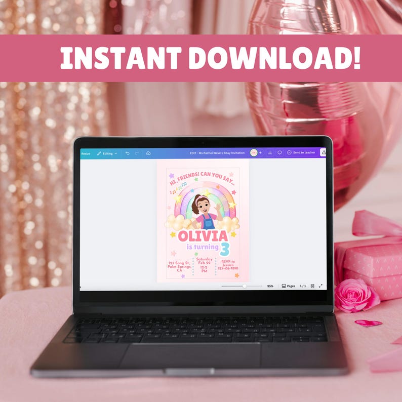 May include: A laptop displays a pink birthday invitation with the text "INSTANT DOWNLOAD!". The invitation features a cartoon girl, a rainbow, and the text "OLIVIA is turning 3". The background is a soft pink with a pink balloon.