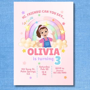 May include: A pink birthday invitation with the text "HI, FRIENDS! CAN YOU SAY..." and "OLIVIA is turning 3". The invitation features a cartoon girl, a rainbow, stars, and musical notes. Includes event details.