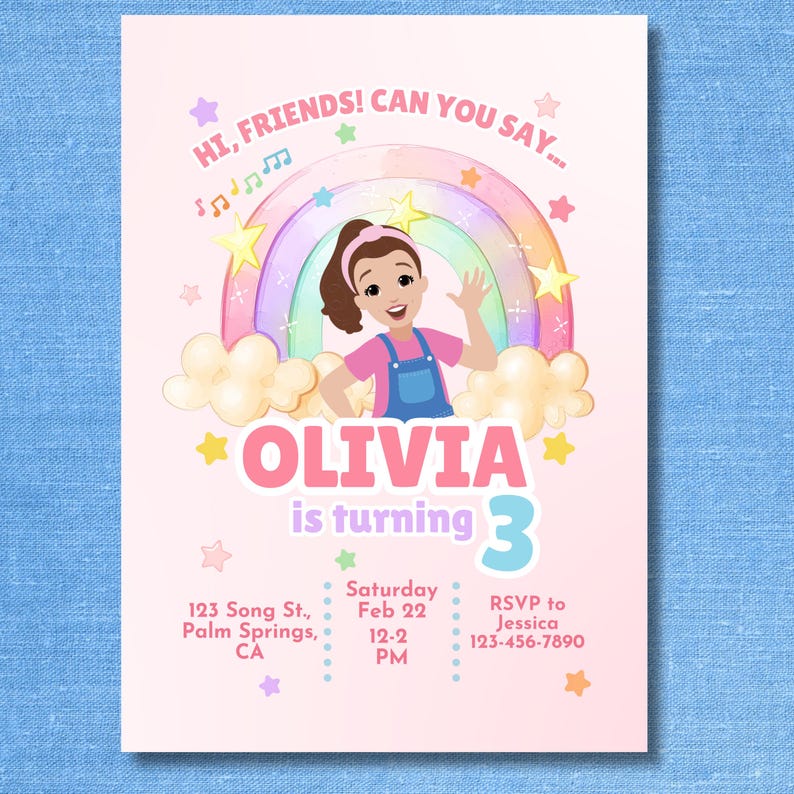 May include: A pink birthday invitation with the text "HI, FRIENDS! CAN YOU SAY..." and "OLIVIA is turning 3". The invitation features a cartoon girl, a rainbow, stars, and musical notes. Includes event details.