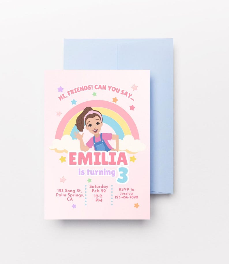 Pastel-themed birthday invitation featuring a cartoon girl inspired by Ms. Rachel, waving with a cheerful expression. The design includes a rainbow, clouds, and colorful stars on a light pink background. The text reads, 'Hi, friends! Can you say…' followed by 'Emilia is turning 3' in bold pink and purple letters. Below, event details such as date, time, location, and RSVP contact are displayed in a playful font. Simply edit, save, and print or share digitally!