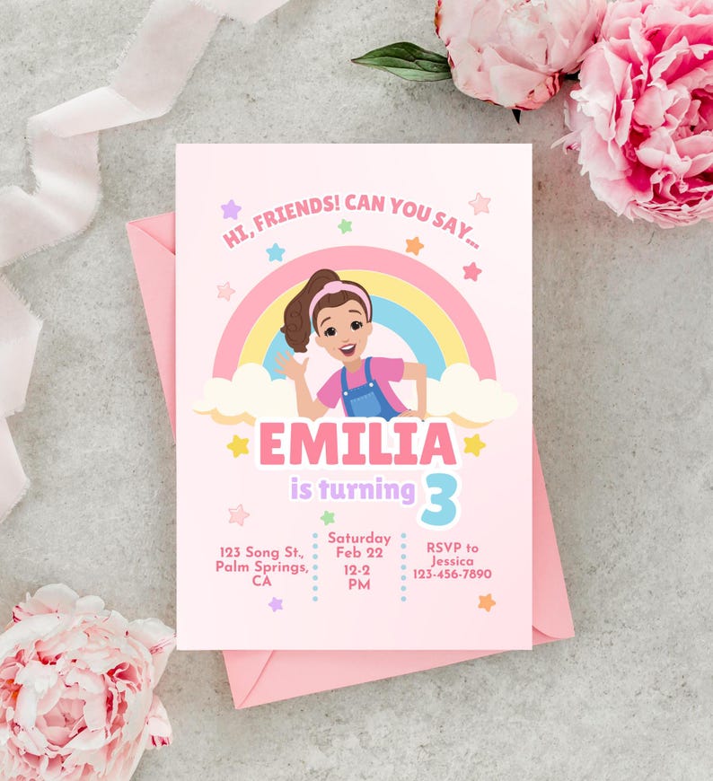 Pastel-themed birthday invitation featuring a cartoon girl inspired by Ms. Rachel, waving with a cheerful expression. The design includes a rainbow, clouds, and colorful stars on a light pink background. The text reads, 'Hi, friends! Can you say…' followed by 'Emilia is turning 3' in bold pink and purple letters. Below, event details such as date, time, location, and RSVP contact are displayed in a playful font. Simply edit, save, and print or share digitally!