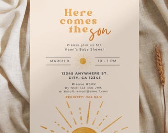 Here Comes the Son Baby Shower Invitation Editable Baby Sprinkle Invitation Template, Boho Spring Baby Shower, Gold Yellow Sun Invitation
