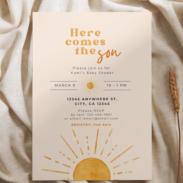 Invitación editable para baby shower "Here Comes the Son", plantilla de invitación para baby shower estilo boho primaveral, invitación con sol dorado y amarillo.
