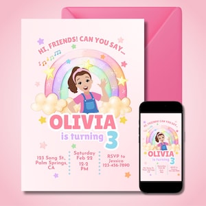 May include: A pink birthday invitation with the text "Olivia is turning 3". The invitation features a cartoon girl, a rainbow, stars, and musical notes. Includes RSVP information and a matching pink envelope.