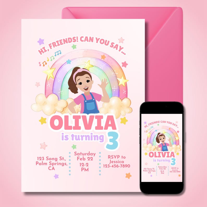 May include: A pink birthday invitation with the text "Olivia is turning 3". The invitation features a cartoon girl, a rainbow, stars, and musical notes. Includes RSVP information and a matching pink envelope.
