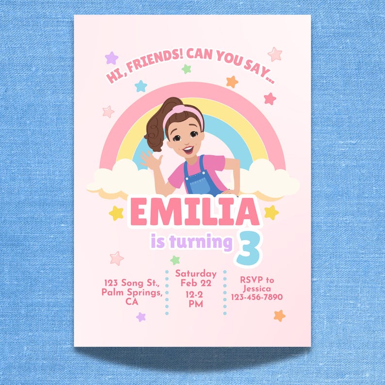 Pastel-themed birthday invitation featuring a cartoon girl inspired by Ms. Rachel, waving with a cheerful expression. The design includes a rainbow, clouds, and colorful stars on a light pink background. The text reads, 'Hi, friends! Can you say…' followed by 'Emilia is turning 3' in bold pink and purple letters. Below, event details such as date, time, location, and RSVP contact are displayed in a playful font. Simply edit, save, and print or share digitally!