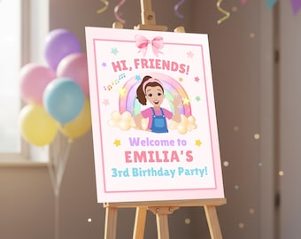 Puede incluir: Un letrero rosa de bienvenida sobre un caballete de madera, con el texto "Hi, Friends!" y "Welcome to EMILIA'S 3rd Birthday Party!" Una niña de dibujos animados aparece con un arcoíris y estrellas. Globos y decoraciones de fiesta en el fondo.