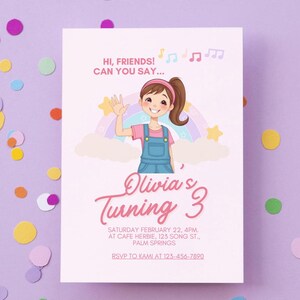 Mevrouw Rachel verjaardagsuitnodiging, bewerkbare sjabloon voor digitale uitnodiging, aanpasbare telefoontekst uitnodigen, direct downloaden, idee verjaardagsfeestje meisje