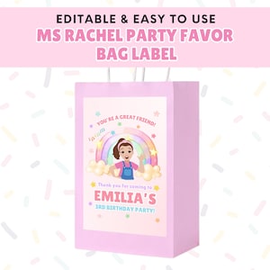 May include: A light pink party favor bag with a colorful graphic of a girl in front of a rainbow. Text on the bag reads "MS RACHEL PARTY FAVOR BAG LABEL" and "EMILIA'S 3RD BIRTHDAY PARTY!"