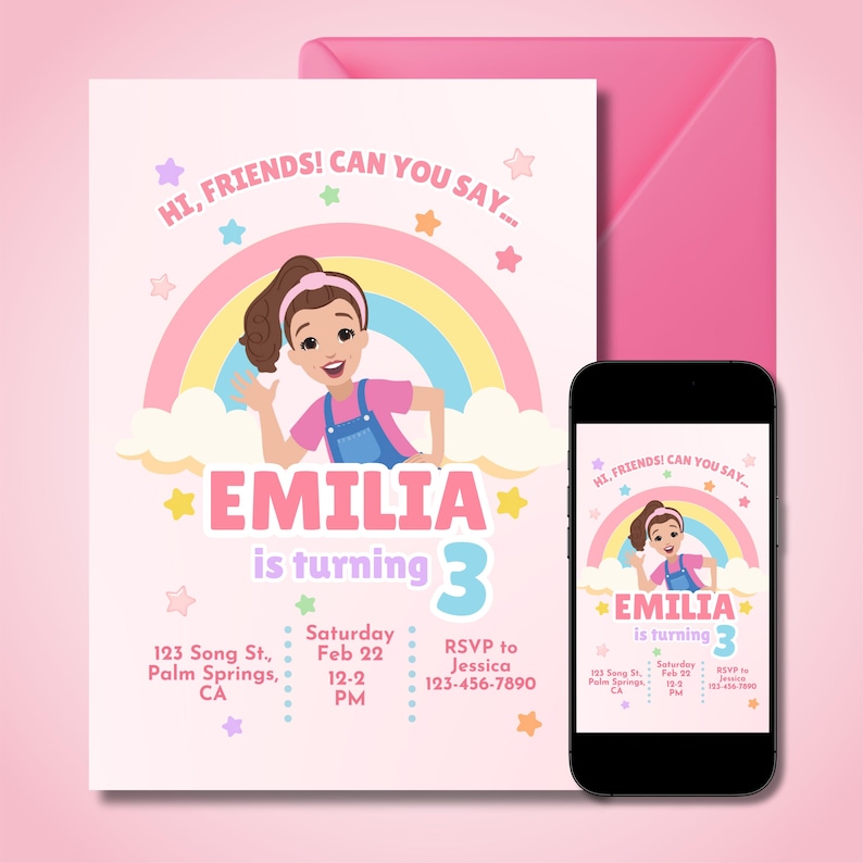 Pastel-themed birthday invitation featuring a cartoon girl inspired by Ms. Rachel, waving with a cheerful expression. The design includes a rainbow, clouds, and colorful stars on a light pink background. The text reads, 'Hi, friends! Can you say…' followed by 'Emilia is turning 3' in bold pink and purple letters. Below, event details such as date, time, location, and RSVP contact are displayed in a playful font. Simply edit, save, and print or share digitally!