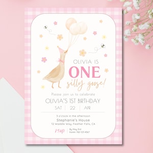 One Silly Goose verjaardagsuitnodiging sjabloon bewerkbare meisje 1e verjaardag roze afdrukbare uitnodiging roze bloemen Silly Goose eerste verjaardag DIY