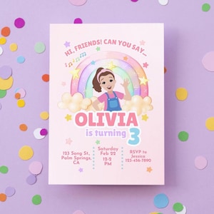 May include: A pink birthday invitation with the text "Olivia is turning 3." The invitation features a cartoon girl, a rainbow, stars, and musical notes. Additional text includes the date, time, and RSVP information.