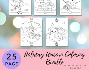 Kids Digital Unicorn Holiday Coloring Book, Coloring Pages, Digital Download, Kids Activity, Unicorn Coloring, Holiday Activity, PDF, Girls