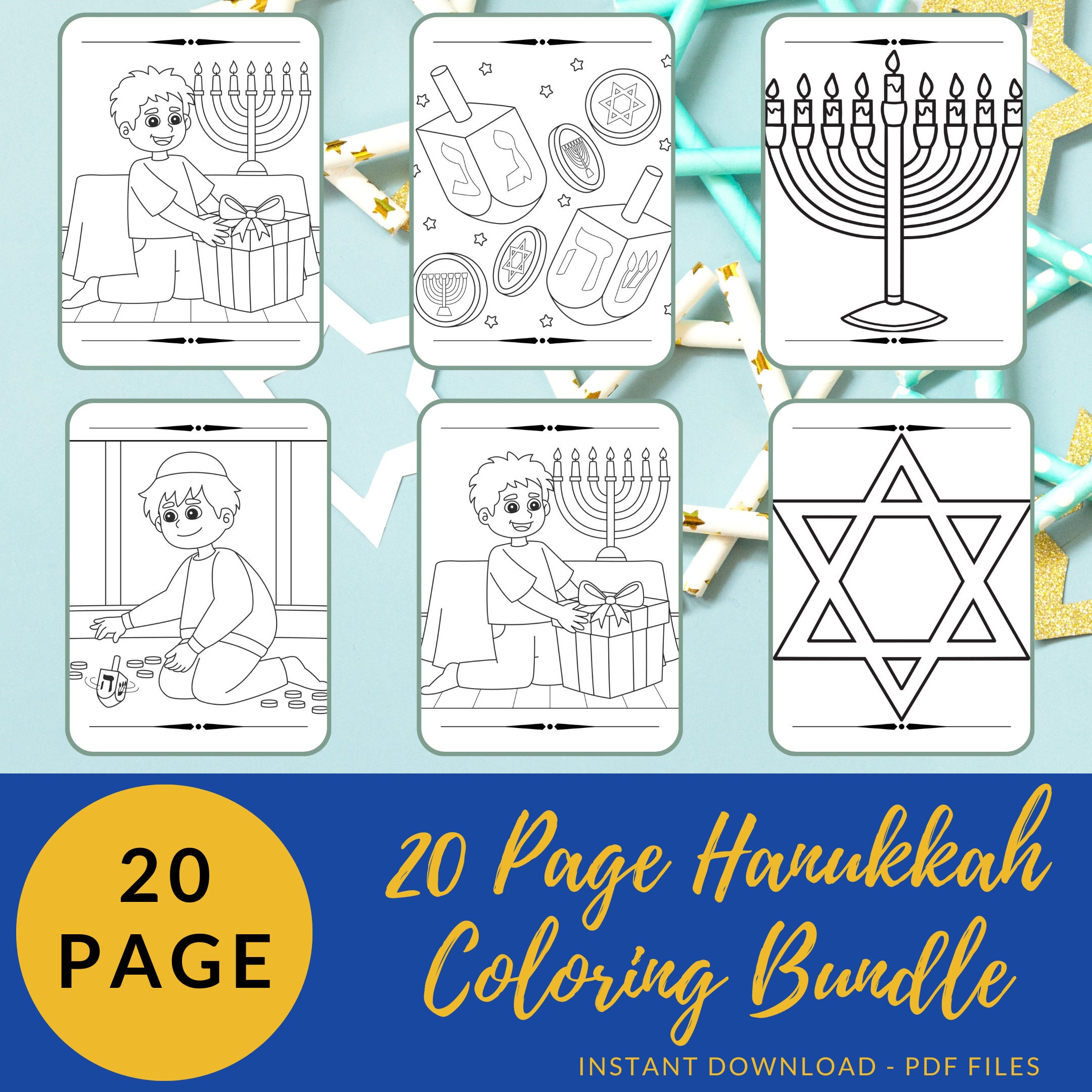 Hanukkah Coloring Digital Download Pack for Kids. 20 Page Bundle