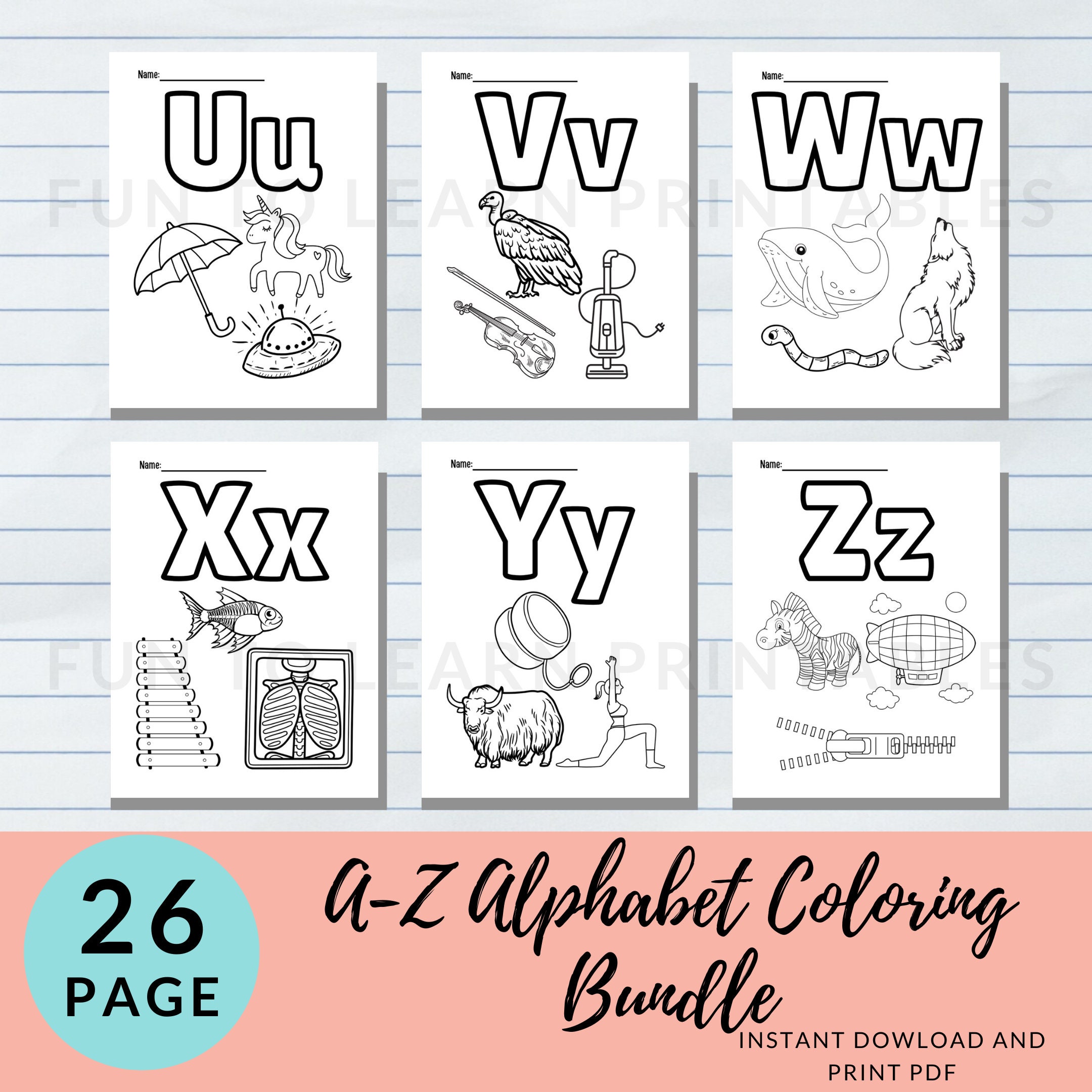 Alphabet Coloring Book Digital Download Pack for Kids. 21 Page Bundle ...