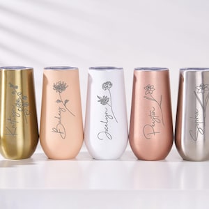 Personalized Champagne Flute Tumbler,Tumbler Birth Month Flower,Party Favor Engraved Champagne Tumbler,Bridesmaid Gifts For Her Wedding Gift